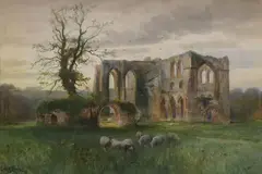 Emil Albert Krause, Sheep Grazing Before the Ruins of an Abbey, watercolor and gouache painting on paper