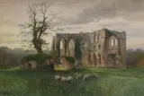 Emil Albert Krause, Sheep Grazing Before the Ruins of an Abbey, watercolor and gouache painting on paper