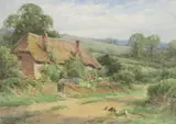 Henry John Sylvester Stannard, Thatched Cottage with Chickens, watercolor painting on paper