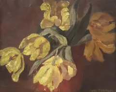 Jane Peterson, Still Life with Vase of Yellow Parrot Tulips, oil on canvas painting laid on board