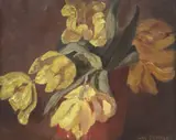 Jane Peterson, Still Life with Vase of Yellow Parrot Tulips, oil on canvas painting laid on board