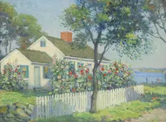 George Albert Thompson, Hollyhock, oil on board