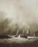Louis Vorhay, Sailing Ships in Stormy Sea, oil on board