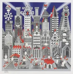 Pedro Friedeberg, Ciudad de un millon con 25 huevos duros, silkscreen print in colors on paper
