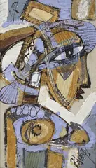 Georges Ebrin Adingra, Figure in Profile, oil and sand painting on burlap mounted to board