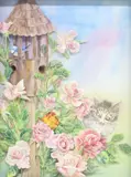 Shou Ping, Cat in Rose Garden, Shadowbox framed watercolor on paper three-dimensional sculpture