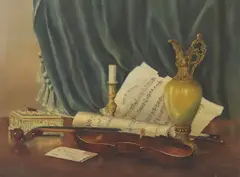 Pearle Mangham, Still Life with Violin and Sheet Music, oil on canvas