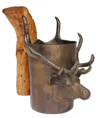 Carl Wagner, Rocky Mountain Elk, Patinated bronze mug with natural wood handle