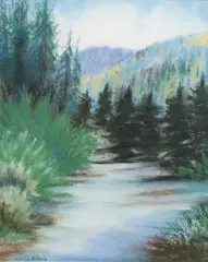 Judy Copland, Mountain Scene, oil pastel on paper drawing
