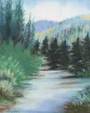 Judy Copland, Mountain Scene, oil pastel on paper drawing