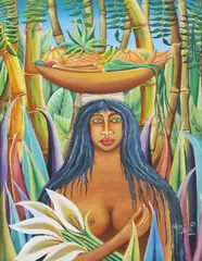 Female Portrait in Island Landscape by Walter Castillo, acrylic on canvas, sold Apr 2024