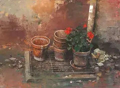 Chiu Tak Hak, Red Geraniums, acrylic on canvas