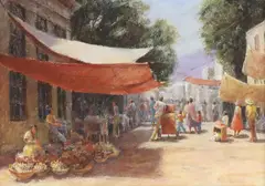 Eric Michaels, Village Market Scene, oil pastel drawing on paper