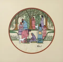 Gathering Calamus Root by Jean Elaine Bales, gouache painting on paper with embedded natural fibers, offered Mar 2024