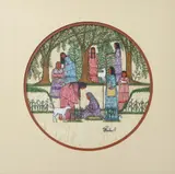 Jean Elaine Bales, Gathering Calamus Root, gouache painting on paper with embedded natural fibers