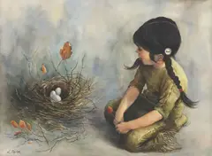 Loretta Taylor, Young Girl with Bird's Nest, watercolor painting on paper