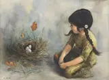 Loretta Taylor, Young Girl with Bird's Nest, watercolor painting on paper