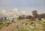 V. Birkholm, Farmyard with Red Barn, oil on canvas