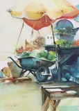 Kathleen Stafford, Blue Wheelbarrow, watercolor on paper