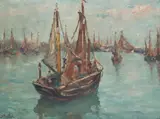 Jules Postel, Sailboat Approaching the Harbor, oil on canvas