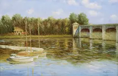 Sailboats on the Water by P. Arnoux, oil on canvas, offered Mar 2024