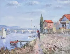 John Clymer, Fisherman Walking Along a Canal, oil on canvas