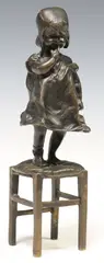 Juan Clara, Young Girl Holding Her Shoe and Standing on a Stool, Patinated bronze sculpture