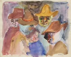 Study of Figures Wearing Hats by Gustav Likan, watercolor painting on paper, offered Mar 2024