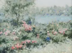 A. Gisson, Two Figures in a Field of Flowers, oil on canvas