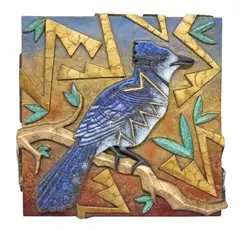 Tammy Garcia, Blue Jay, Cold-painted bronze wall hanging relief sculpture