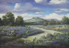R.W. Hedge, Cactus and Bluebonnets, giclee on canvas