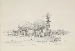 Cattle Watering by Joe Beeler, pen and ink drawing on paper, sold Feb 2024