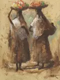 Juan Chamizo, Women Carrying Flowers, oil on Masonite