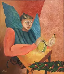 Jose Miguel Bayro Corrochano, El Angel del Tiempo, mixed media painting on canvas