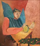 Jose Miguel Bayro Corrochano, El Angel del Tiempo, mixed media painting on canvas