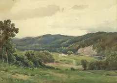 James Henry Moser, Landscape with Farmhouse, watercolor and gouache painting on paper