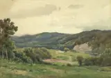 James Henry Moser, Landscape with Farmhouse, watercolor and gouache painting on paper