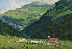 Vasily Pavlovich Borisenkov, Farm in the Mountains, pallet knife oil painting on cardboard
