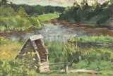 Lake Landscape by Vasily Pavlovich Borisenkov, oil on board, offered Jan 2024