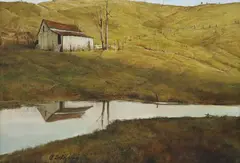 Adolf Sehring, Landscape with Barn and Pond, oil on canvas