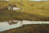 Adolf Sehring, Landscape with Barn and Pond, oil on canvas