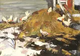 Oleg Lomakin, Farmyard with Chickens, oil on canvas