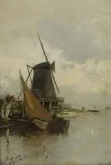 Carl von Malchus, Dutch Landscape with Windmill, oil on board