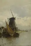 Carl von Malchus, Dutch Landscape with Windmill, oil on board