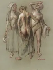 Robert Brackman, Three Female Nudes, pastel drawing on toned paper
