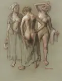 Robert Brackman, Three Female Nudes, pastel drawing on toned paper