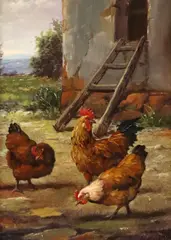 Chickens and Coop by Levi Bihari, oil on panel, offered Jan 2024