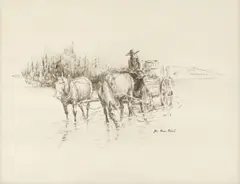 Joe Rader Roberts, Horse-Drawn Cart, ink drawing on paper