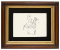 Native American on Horseback by Raul Gutierrez, charcoal drawing on canvas, offered Jan 2024