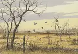 David Drinkard, Quails in Flight, watercolor painting on paper